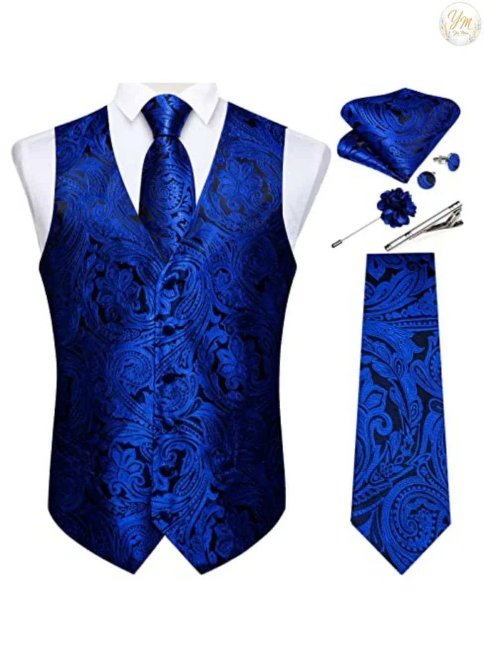Men's Silk Paisley Vest & Tie Set with Pocket Square, Cufflinks, Tie Clip